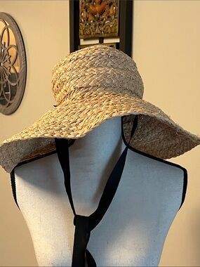 Janessa Leone Natural Straw Sun Hat with Black Chin Ties, made in USA
